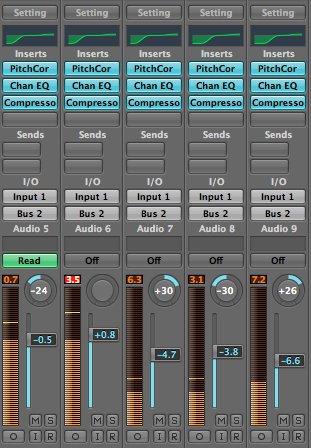 Redundant effect definitions in five vocal channel strips