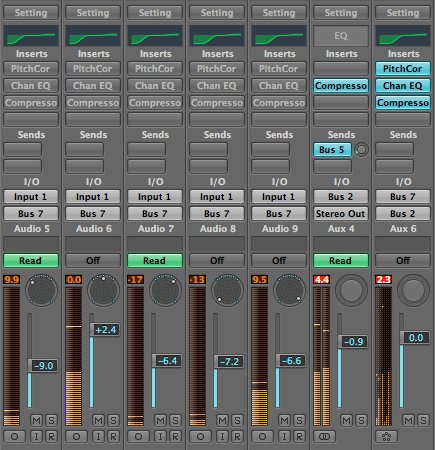 Five channels routed to a 7-channel surround aux with multi-mono effects